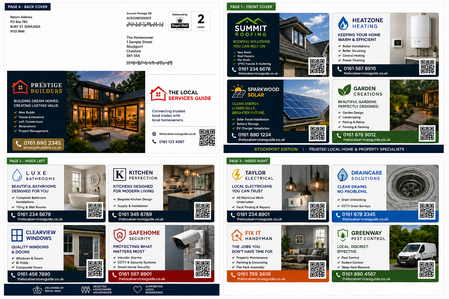 The Local Services Guide — sample pages featuring local trades